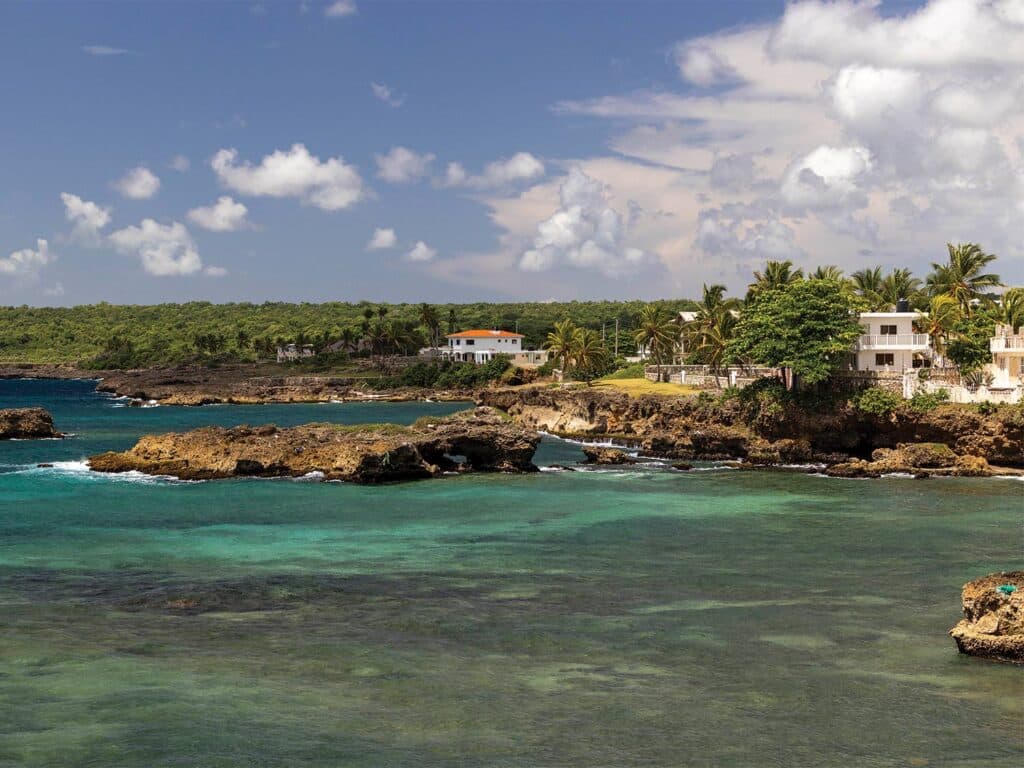 View of a fishing village on the coast of the Domincan Republic.