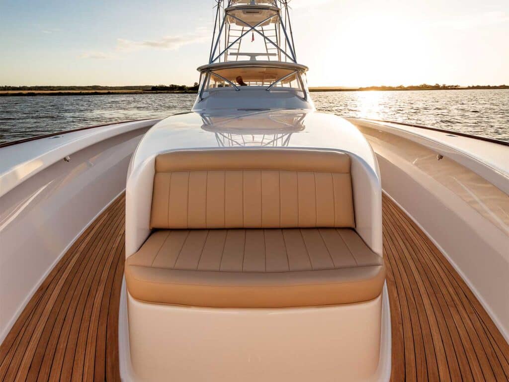 Front seating and livewell of the Bayliss Boatworks 60 Express Walkaround.