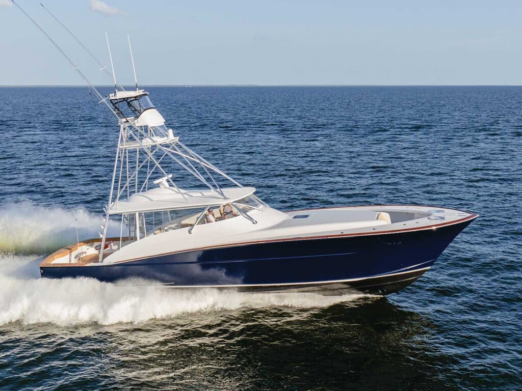 The Bayliss 60 Express Walkaround cruising across the open water.