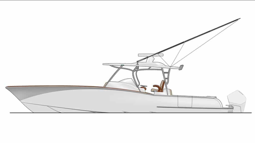 A digital rendering of a sport-fishing boat.
