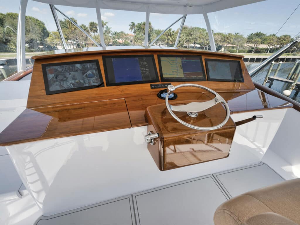 The helm of a sport-fishing boat.