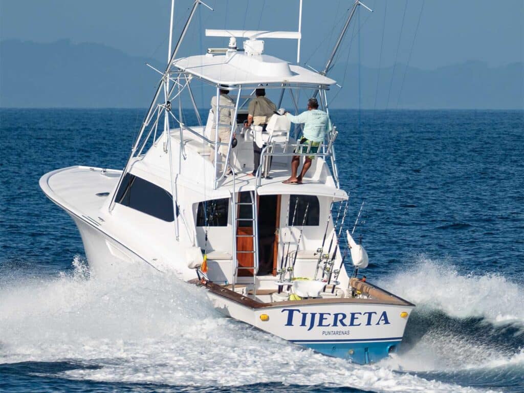 View of the rear of a sport-fishing boat.