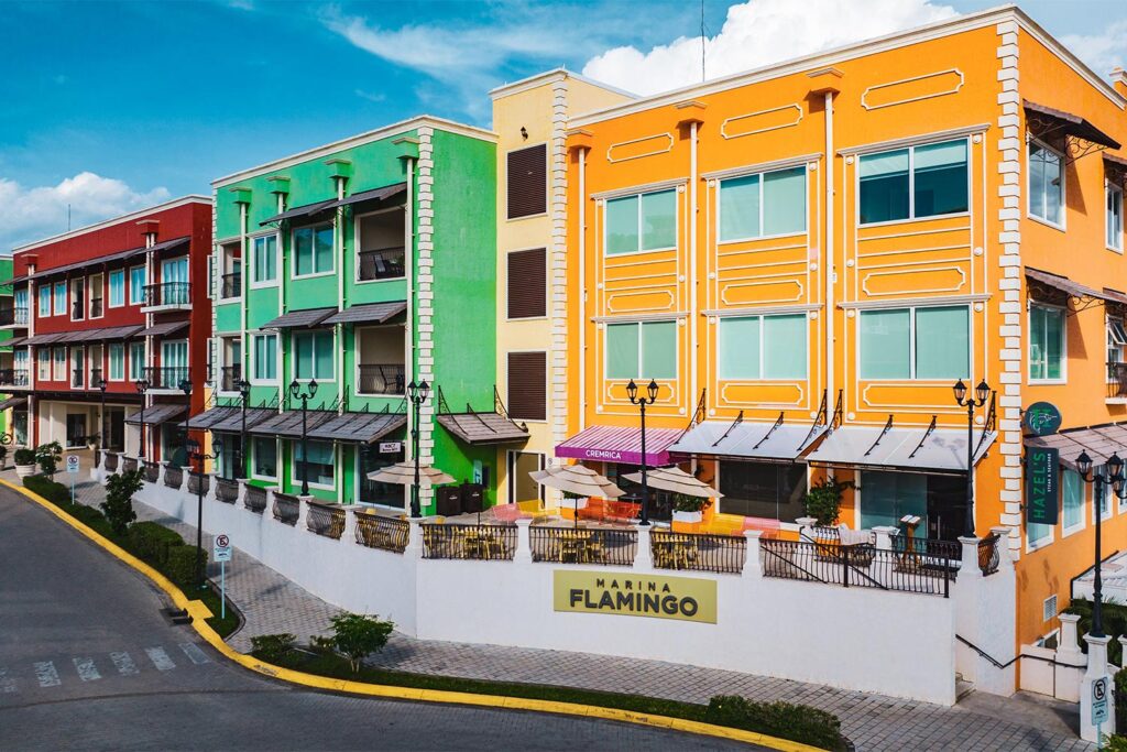 View of the colorful buildings of Marina Flamingo.