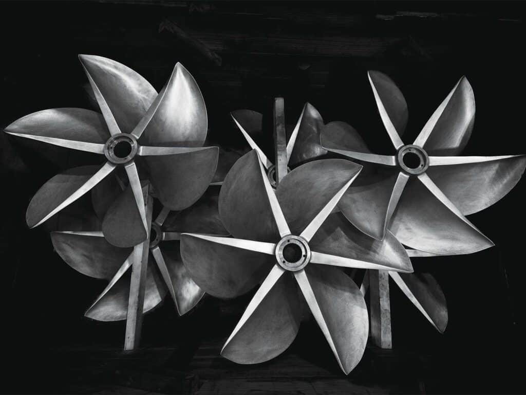 Close up detail of boat propellers.