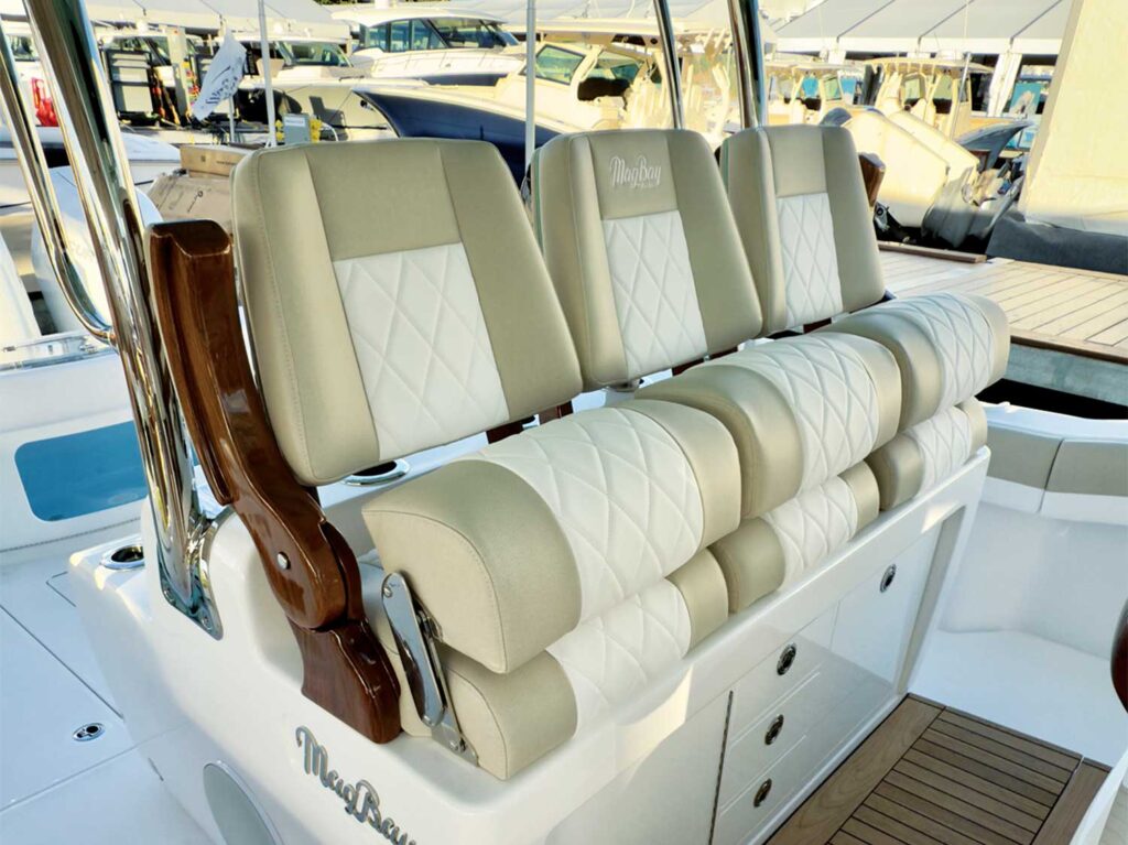 The helm seating of the Mag Bay 38 CC.