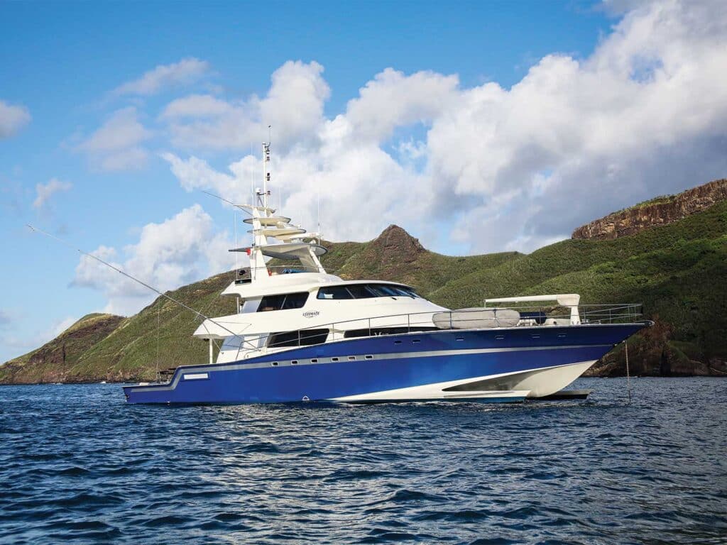 A sport-fishing boat on the water.