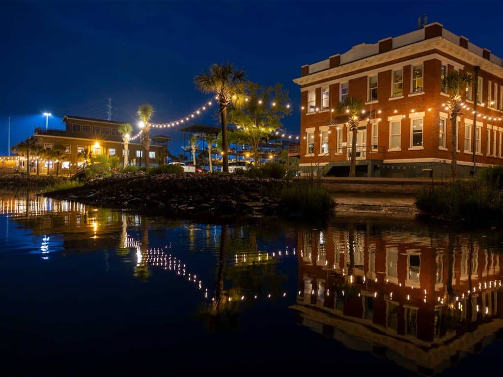 Seabreeze marina in Charleston, South Carolina lit up at night.
