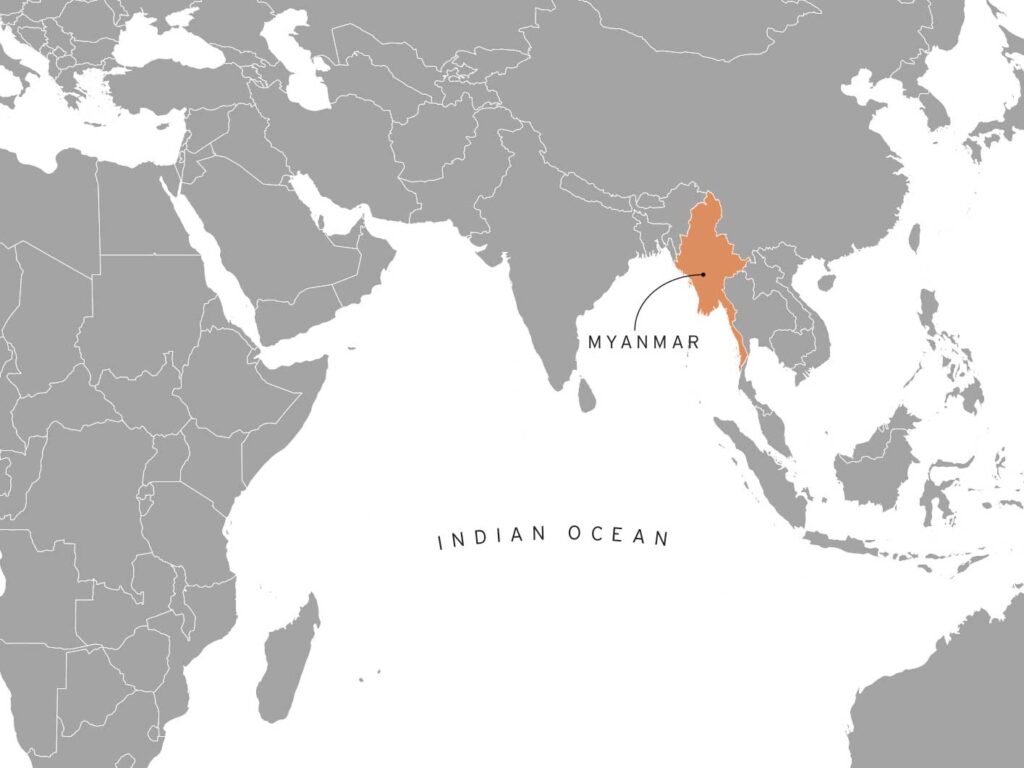 Digital rendering of a map of the Indian Ocean and surrounding countries, with Myanmar highlighted in orange.