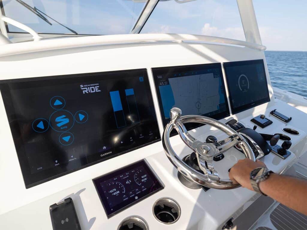 Digital display at the helm of a sport-fishing boat.