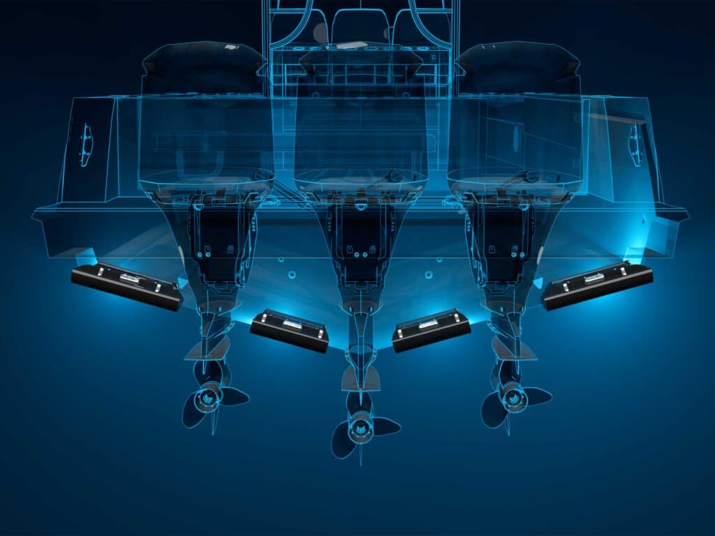 Digital rendering of a sport-fishing boats underwater transom featuring Seakeeper stabilization controllers.