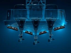 Digital rendering of a sport-fishing boats underwater transom featuring Seakeeper stabilization controllers.