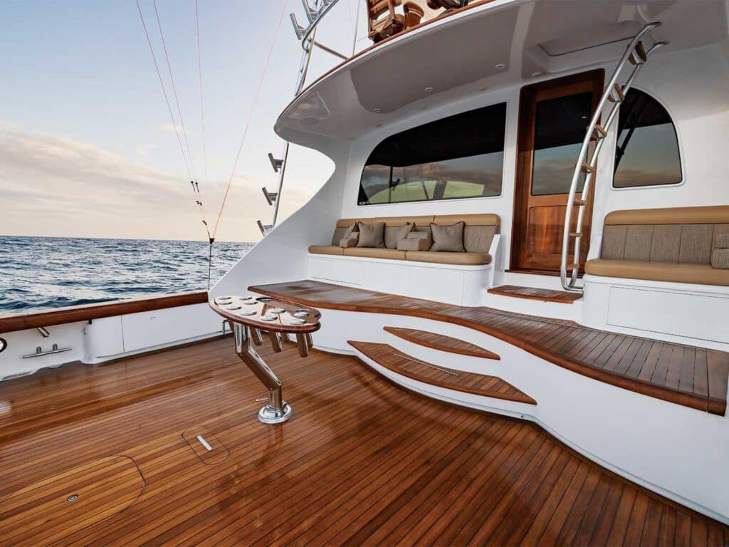 A clean finishing cockpit of a sport-fishing boat made with teak.