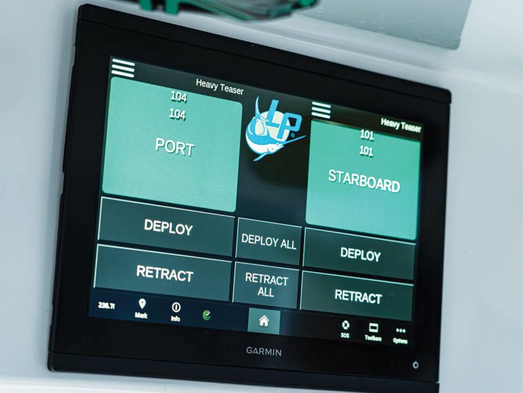An electronic display showing details for an electric fishing reel