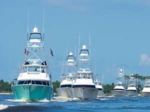A fleet of sport-fishing boats on the water on the Mississippi Gulf Coast