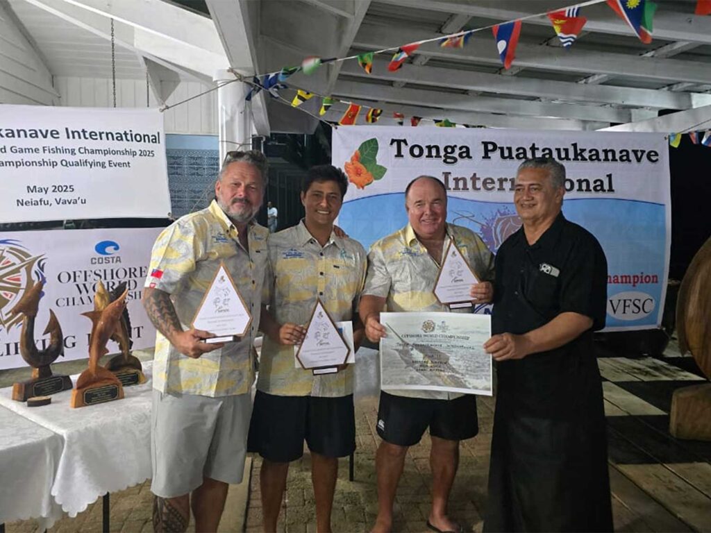A sport-fishing team at an awards ceremony.
