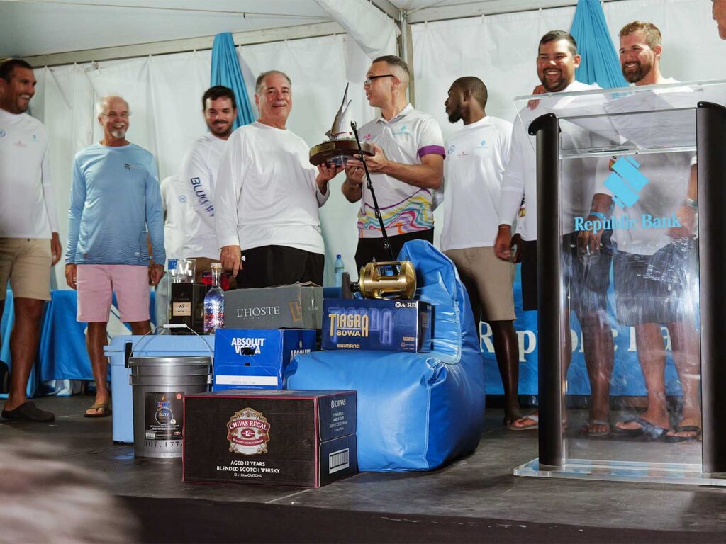 A sport-fishing team at an awards ceremony.