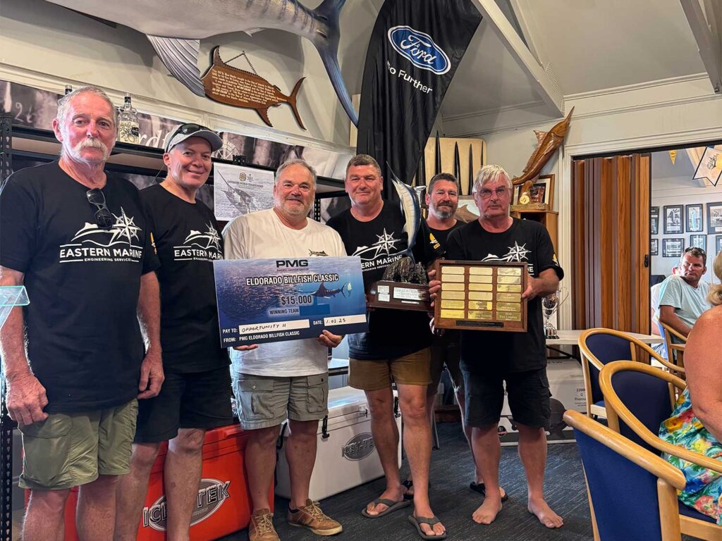 A sport-fishing team at an awards ceremony.