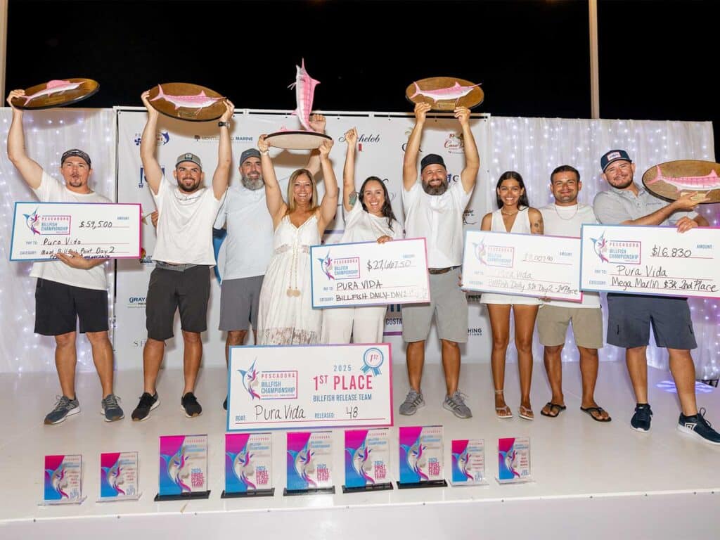 A sport-fishing team at an awards ceremony.