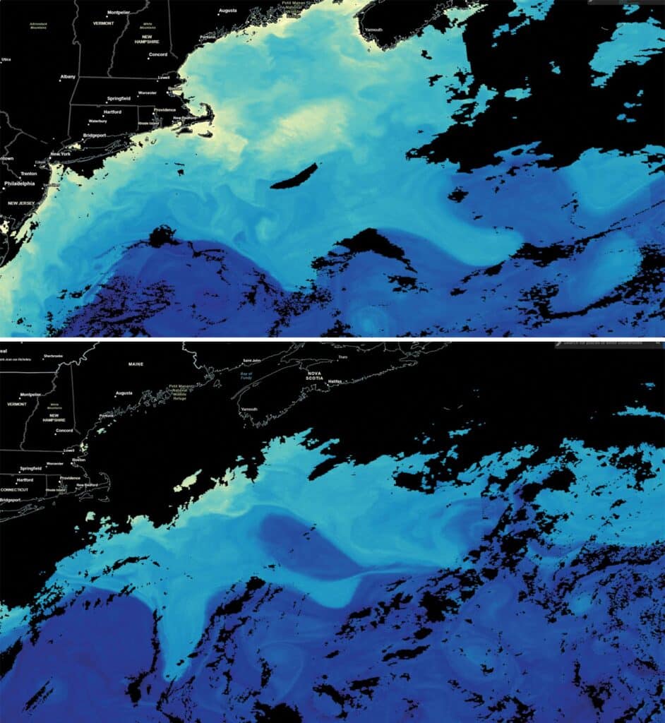 Two digital renderings of satellite mapping imagery.