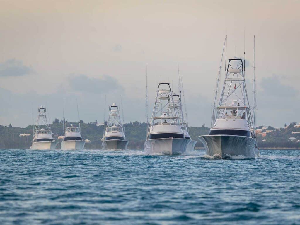 A fleet of sport-fishing boats on the water for a day of fishing in Bermuda.