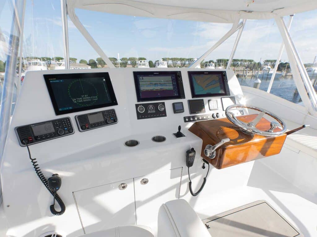The flybridge and helm of the Blackwell Boatworks 50XL, showing digital displays and marine electronics.