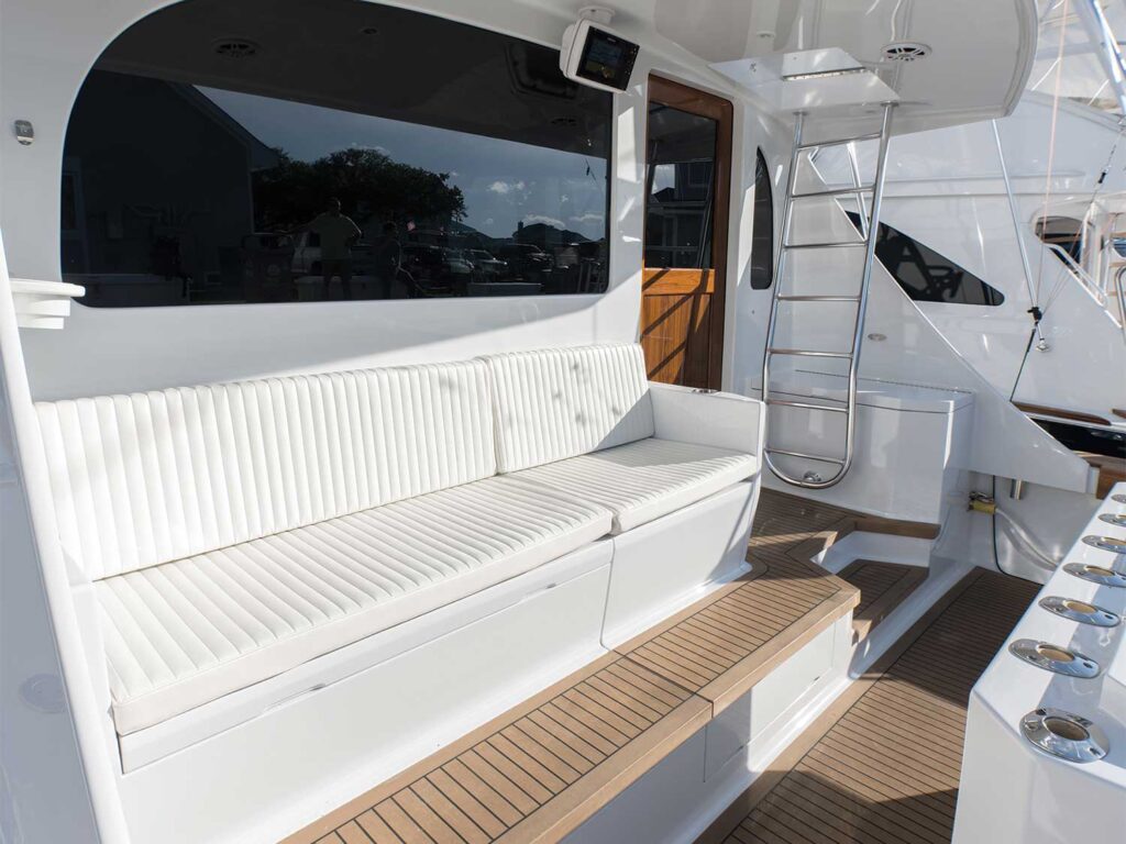 The exterior seating of the mezzanine and cockpit of the Blackwell Boatworks 50XL.