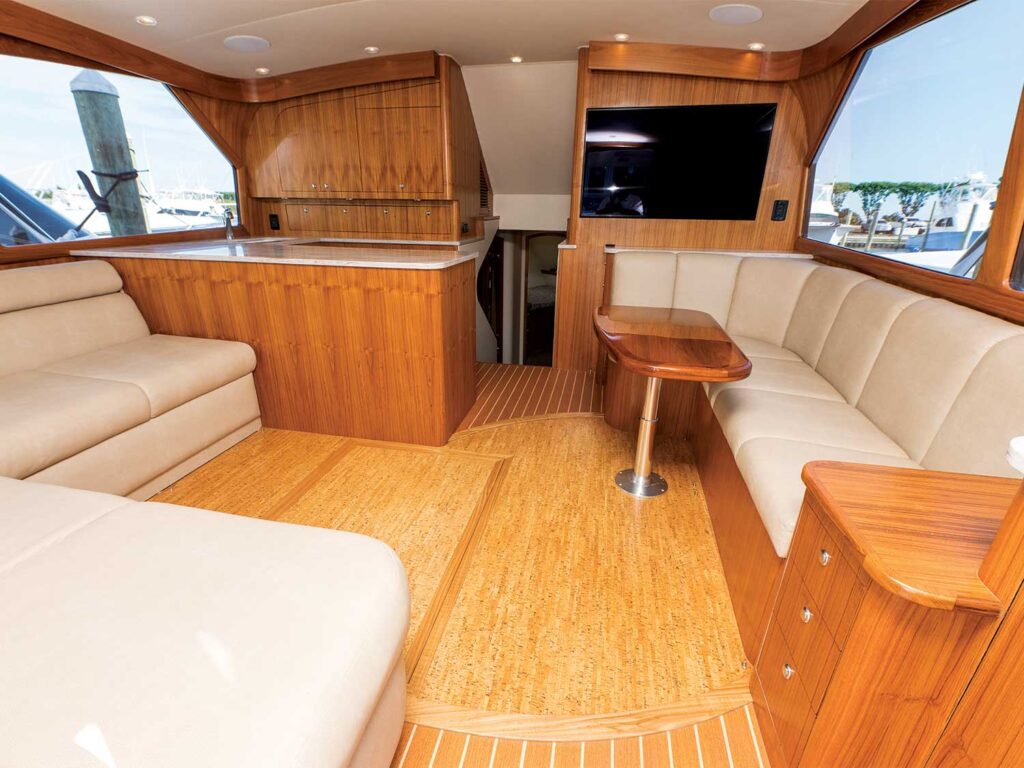 The warm, inviting wood accents of the Blackwell Boatworks 50XL salon.
