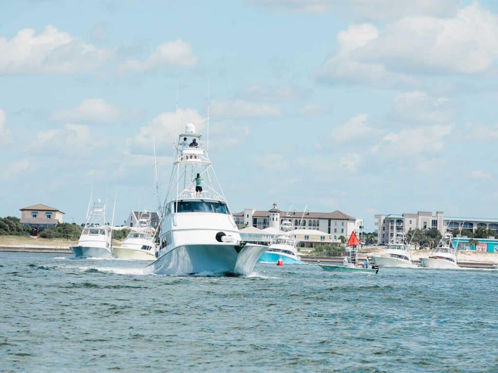A fleet of sport-fishing boats on the water at the 2025 Blue Marlin Grand Championship.
