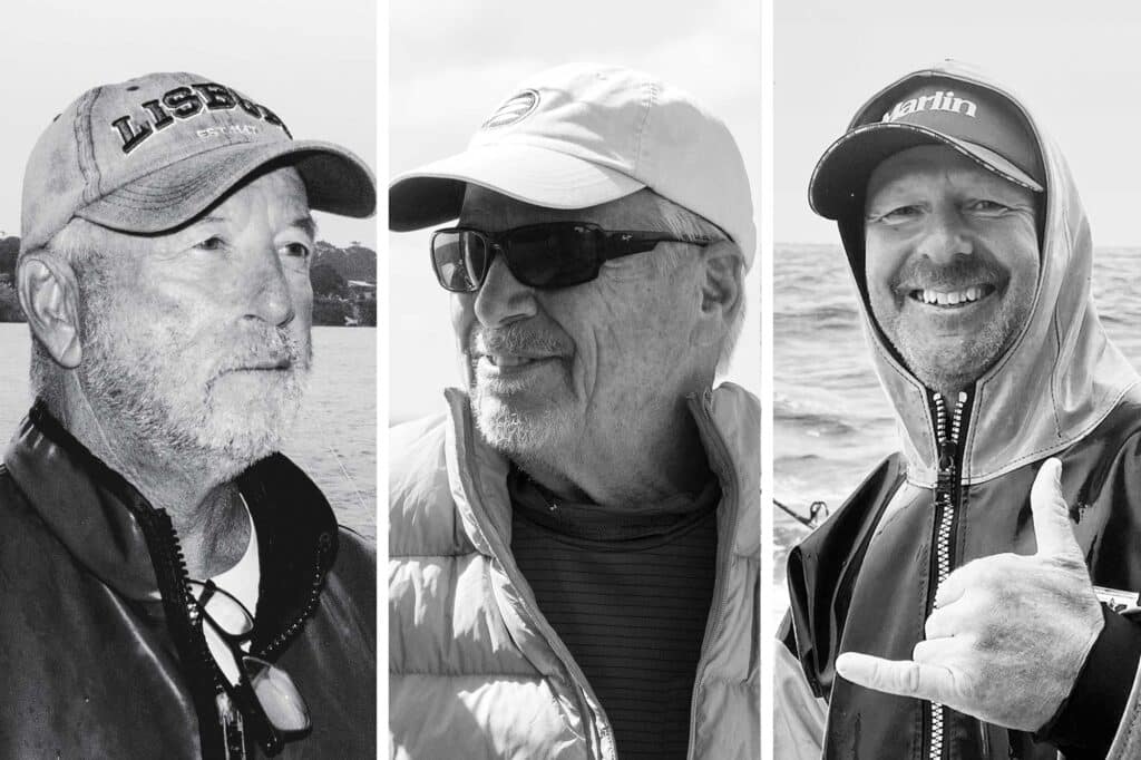 A collage of three sport-fishing angelrs, captain and crew.