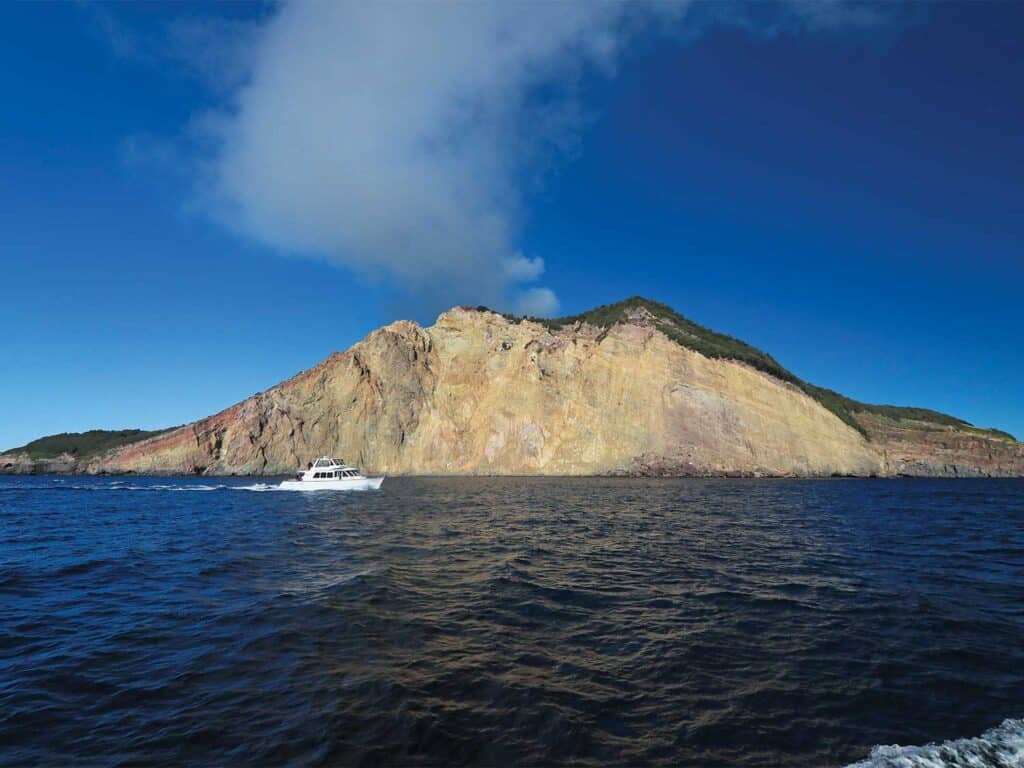 A sport-fishing boat cruises past the mountanous hillside of New Zealand's coastline.