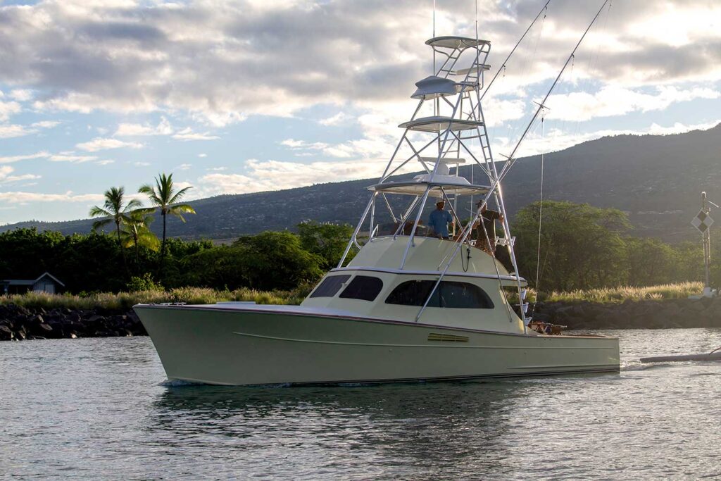 A sport-fishing boat on the water.