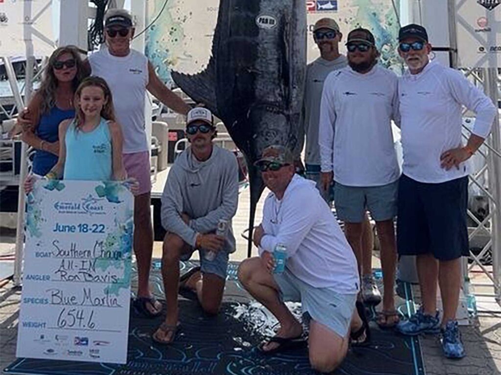 Team Southern Charm at the weigh in of their 654-pound blue marlin.