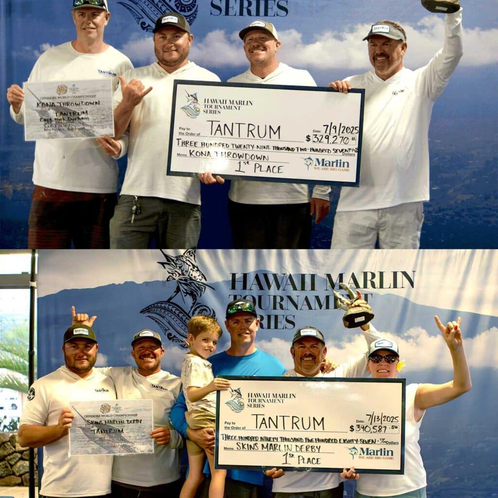 Collage of Team Tantrum at the awards ceremony of Kona Throw Down and Skins Marlin Derby.