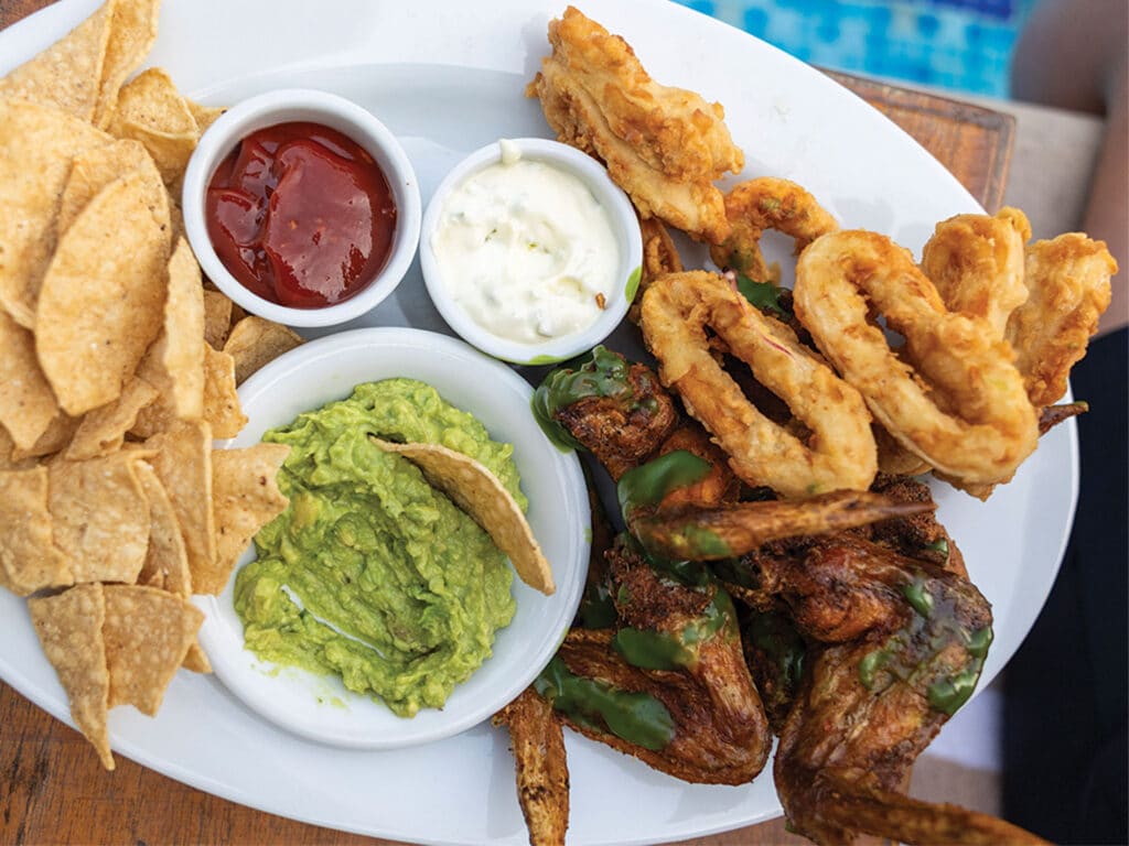 A plate of food featuring a side of guacamole.