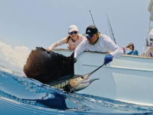An angler and crewmate pull a large sailfish boatside as the prepare to release.