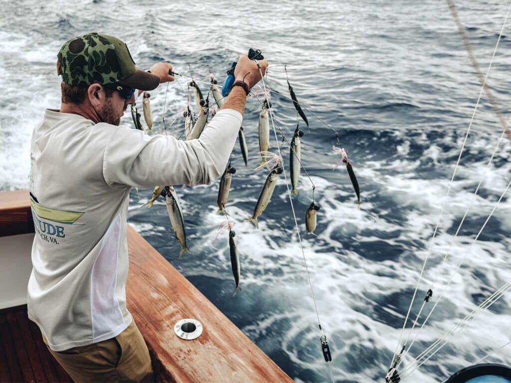 A crewmate lowers a fishing dredge rigged with ballyhoo