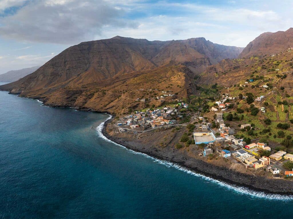 Aerial view of a coastal town in Cape Verde.