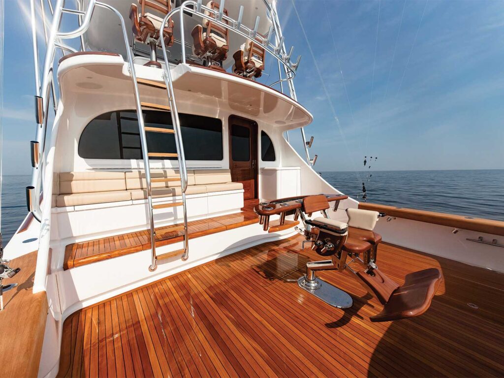 The cockpit and mezzanine of the Bayliss Boatworks 75.