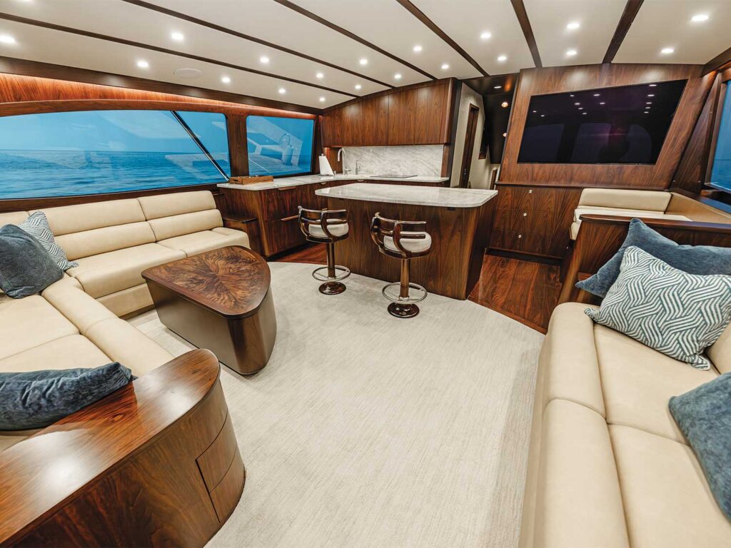 The interior salon of the Bayliss Boatworks 75.