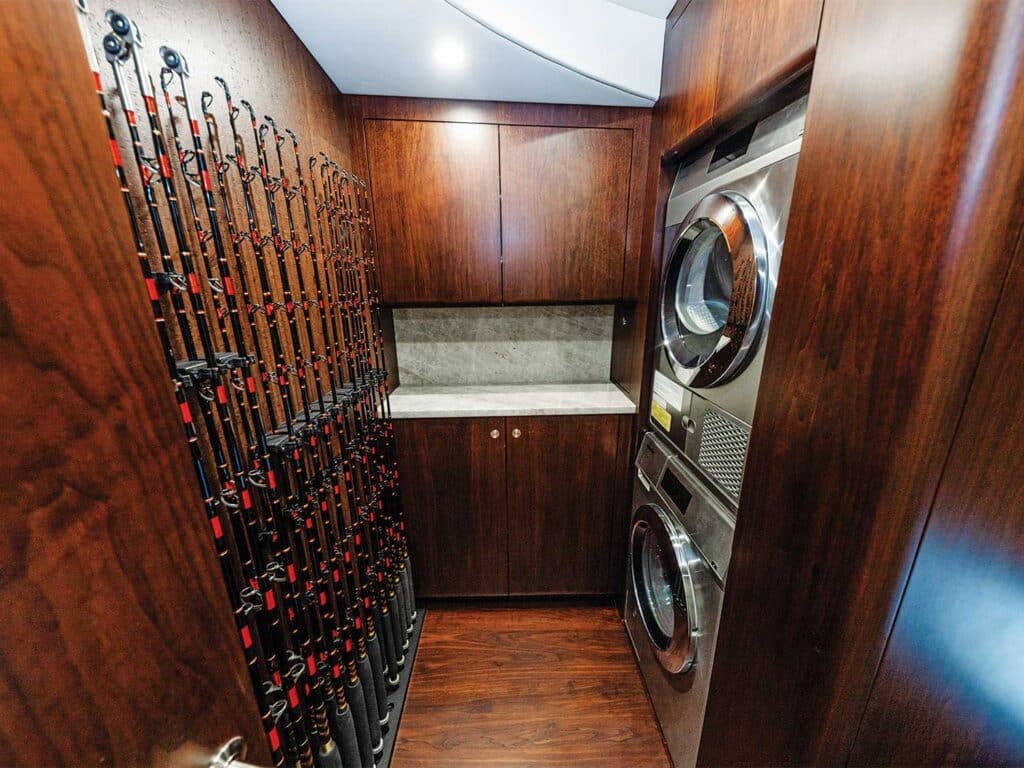 The interior tackle storage of the Bayliss Boatworks 75.