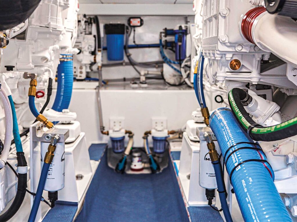 The engine room of the Croswait 50 sport-fishing boat.