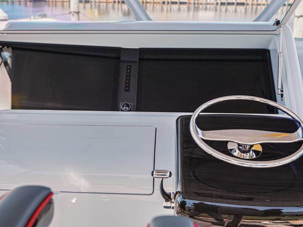 The bridge and helm of the Croswait 50 sport-fishing boat.