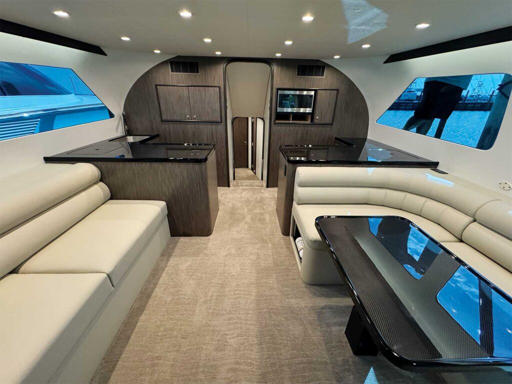 The interior salon of the Croswait 50 sport-fishing boat.