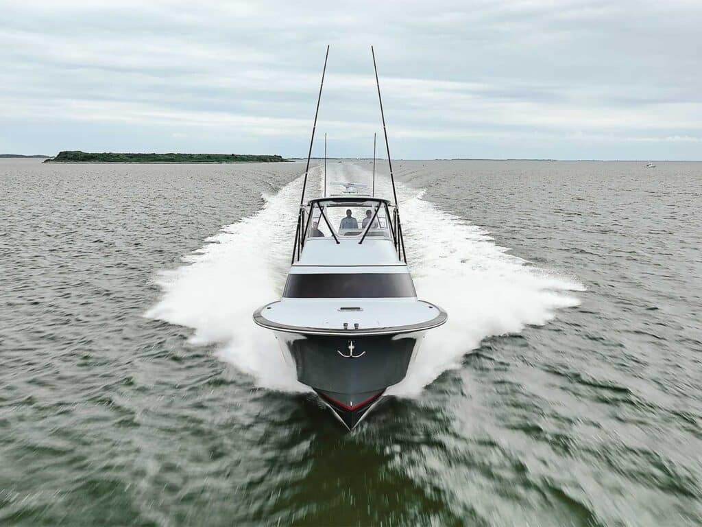 The Croswait 50 sport-fishing boat cruising across the water.