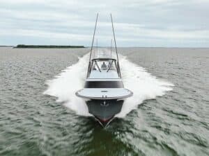 The Croswait 50 sport-fishing boat cruising across the water.