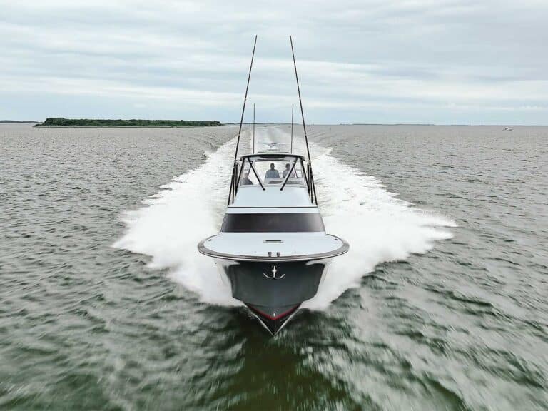 The Croswait 50 sport-fishing boat cruising across the water.