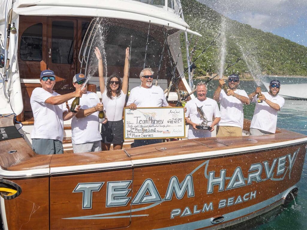 Team Harvey aboard t heir sport-fishing boat ceelebrating at the 2025 Scrub Island Billfish Series.
