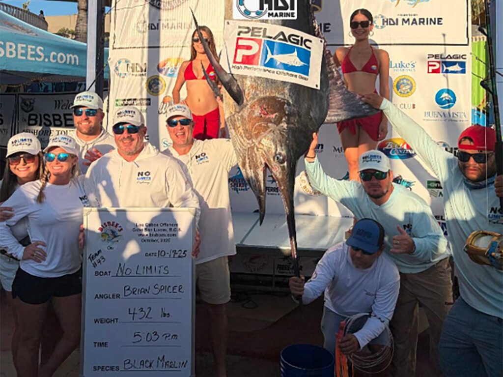 A team of anglers around a large marlin.