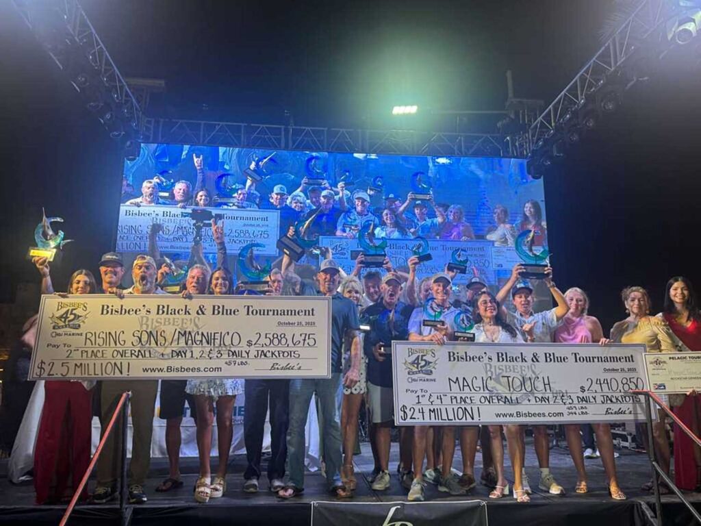 Two sport-fishing teams on stage at the 2025 Bisbee's Black and Blue.