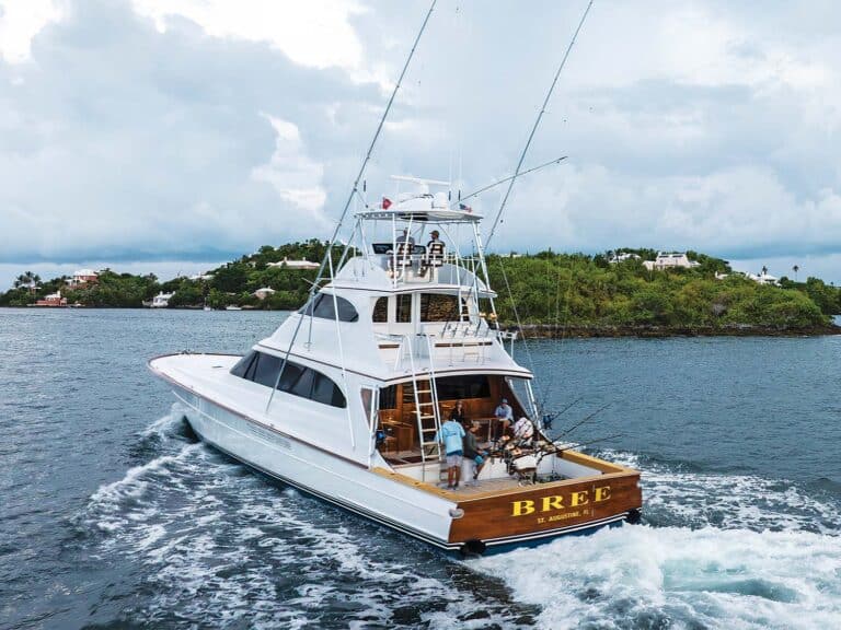 A sport-fishing boat cruises across the open water.